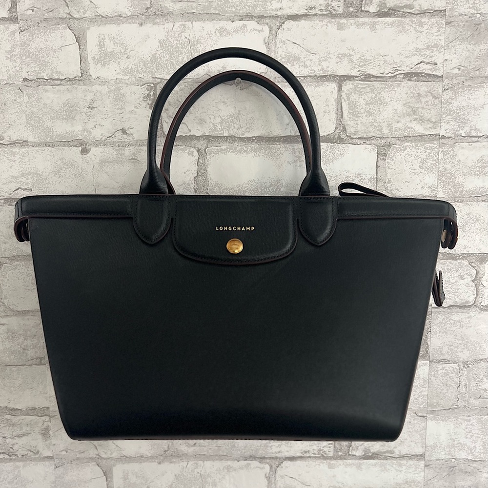 Longchamp Le Pliage Heritage Leather Black Bag  with Maroon trim
